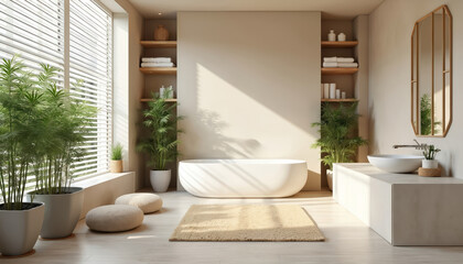 Fototapeta premium Zen bathroom interior design concept. Beige tones create relaxing atmosphere. Big white bathtub, wooden shelves with towels, bamboo plants, natural light, beige carpet. Modern spa, minimalist design.