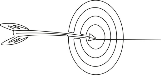 A dart hitting a target in continuous one line drawing style. Minimalist line art illustration of archery or darts concept representing focus and precision.