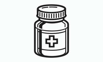 Pill bottle outline, medicine container icon, pharmaceutical jar vector
