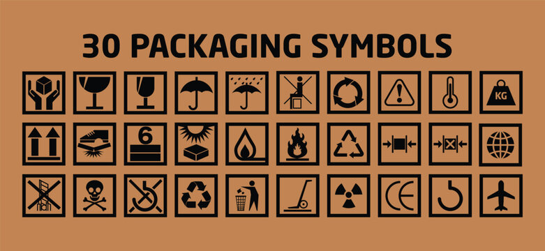 30 Packaging Symbols. Fragile signs set. Common packaging symbol. Cardboards shipping logistics, product labeling. Marking the box or packaging of products.  Common packaging, warning symbol set.
