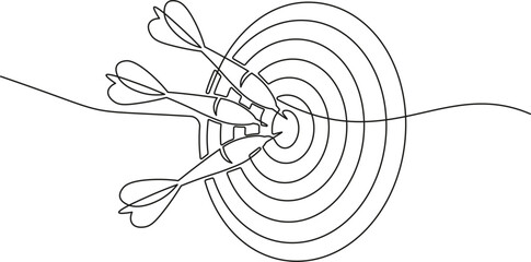 One line drawing of dart hitting target board. Minimalist continuous line art of archery or darts concept for precision and focus.