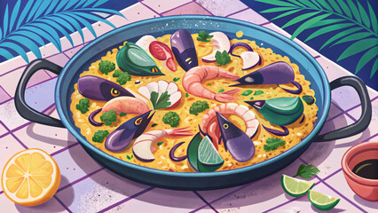 traditional Spanish paella with seafood, mussels, shrimp, and saffron rice in a pan, highlighting Mediterranean cuisine and vibrant cultural flavors.