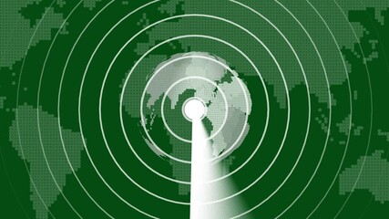 Animated digital radar scanning world globe with white concentric circles and green background. World map emphasizes worldwide coverage and monitoring. - Powered by Adobe