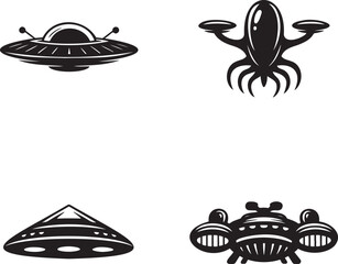 Alien spaceship silhouette set vector illustration isolated On Transparent Background