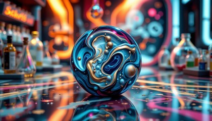 Abstract Metallic Sphere with Gold Accents in a Futuristic Laboratory Setting