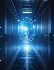 A sleek, modern server tower stands alone in the center of a spacious, empty room with white walls and polished concrete floors, casting soft shadows.