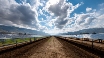 Fototapeta premium Solar panels for irrigation systems in farmer's fields in countryside, in a large agricultural field. The concept of an alternative energy source, energy saving, careful attitude to our planet Earth.