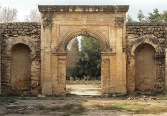 Fototapeta premium Ruined archway, tan stone, leads to courtyard