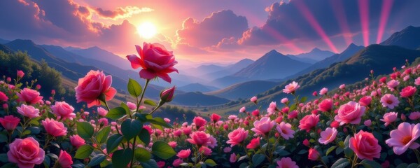Pink Rose Garden at Sunrise in Mountain Valley