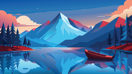 Stunning minimalist landscape of mountains lake and boat with atmospheric sky reflections