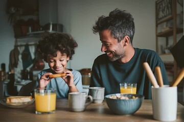 Family sharing breakfast moment in kitchen, nurturing connection through morning meal and genuine interaction between father and son