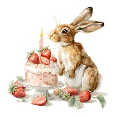birthday cake and rabbit, postcard, birthday