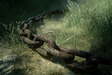 Rusted metal chain lying on a grassy path.