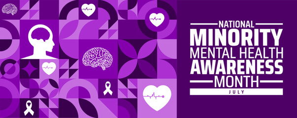 National Minority Mental Health Awareness Month Geometric shape pattern background banner or poster design template. observed every year in july. Holiday concept. Use to any Template, card, poster.