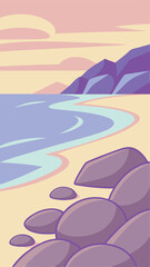 Stylized coastal landscape illustration featuring beach, mountains, and sunset sky
