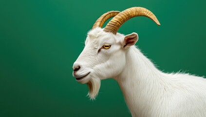 Close-up profile of a white goat with golden horns against a vibrant green backdrop