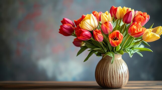 Bright bouquet of red, yellow, and orange tulips arranged in a rustic ceramic vase on a wooden table. A colorful, cheerful floral still life with a soft artistic background perfect for spring themes.