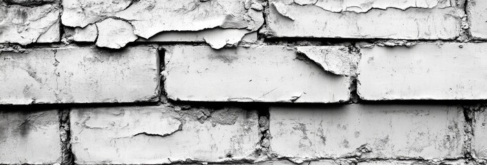 Weathered brick wall texture in grayscale.  Peeling paint and mortar show age and time