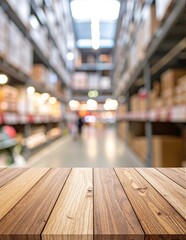 Obraz premium A rustic wooden table top rests on a concrete floor in a spacious, empty warehouse, surrounded by exposed brick walls and soft, natural light.