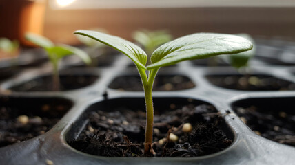 Macro photo of young green seedling in black plastic tray with rich soil and blurred background compartments

