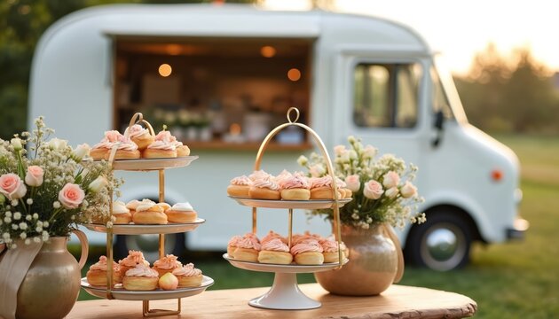 Elegant food truck catering wedding celebration with dessert display in countryside. Cupcakes, flowers arrangement on table. Venue for party event reception. Romantic, bright sunny atmosphere.
