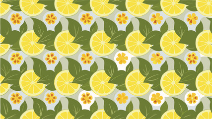 Seamless pattern featuring lemon slices, green leaves, and small white and yellow flowers all over