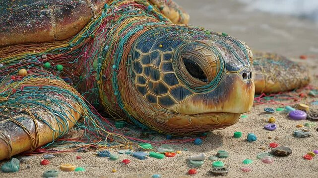 A sea turtle lies on a sandy beach, entangled in colorful plastic waste. The creature's vibrant shell contrasts with the debris surrounding it, highlighting the urgent issue of ocean pollution.