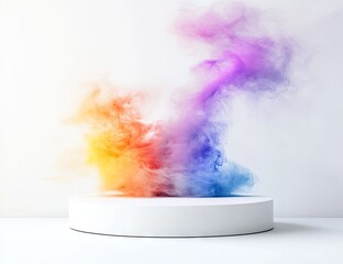 Abstract product display, vibrant colored smoke plumes rising from a white pedestal on a plain background