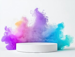 Abstract vibrant smoke cloud over a white pedestal