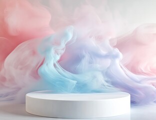 A white pedestal, surrounded by swirling pastel smoke