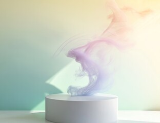 Pastel smoke swirls around a white pedestal
