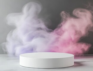Empty white pedestal, smoky purple-pink background