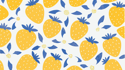 A repeating pattern of yellow strawberries and blue flowers on a white background design style illustration