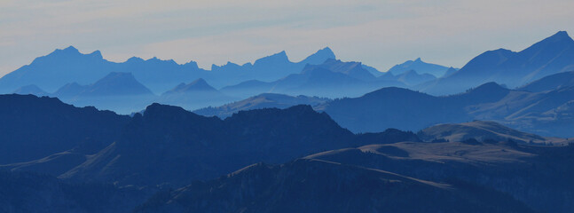 Dream like mountain ranges seen from Niesen, Swiss Alps.