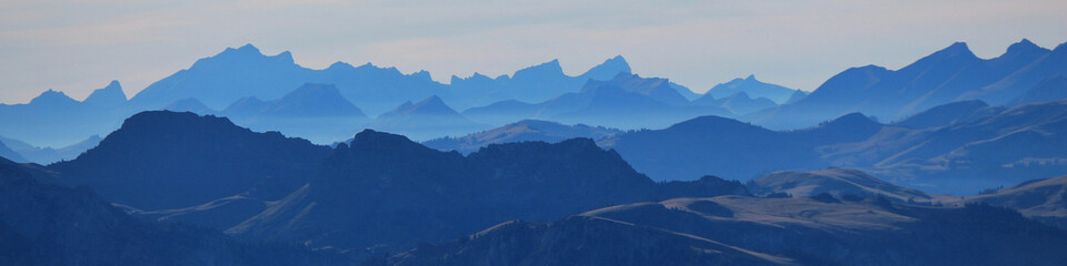 Dreamlike scene in the Bernese Oberland. View from Niesen, Switzerland.