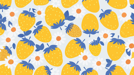 Illustration of a seamless pattern with yellow strawberries and white daisy flowers on a light background