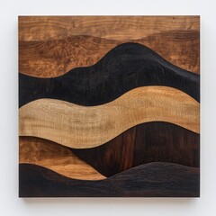 Wood panel art, layered in wavy, mountainous forms.  Rich browns, dark blacks, and light beige tones create a sense of depth and texture
