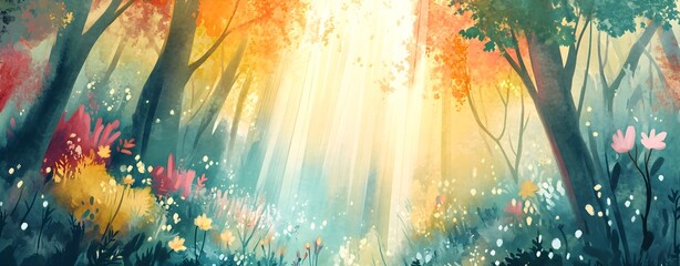 Soft Watercolor Woodland Landscape with Blooming Flowers and Mystical Sunlight, perfect for fairytale themes and nature backgrounds.