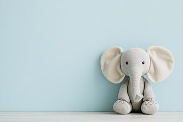 Photo of a baby nursery wall with an elephant toy and a pastel blue background, creating a simple yet charming setting for the little one's room. Web banner with copy space on the right.