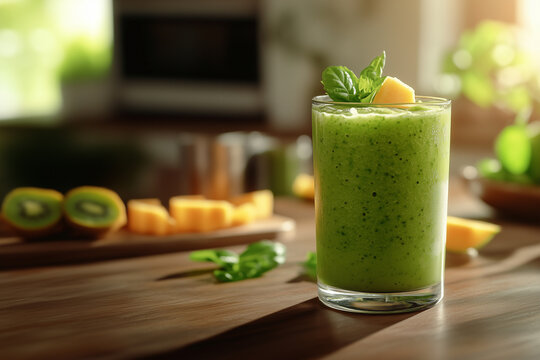 Healthy dieting and nutrition, lifestyle and vegetarian concept. Green smoothie with organic ingredients, vegetables smoothie. - Powered by Adobe