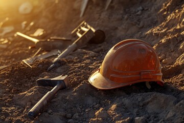 Abandoned construction tools and hard hat on earth.