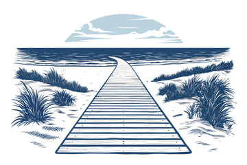Create a bold, vector illustration of a beach boardwalk leading to the ocean, emphasizing strong lines and a vibrant color palette.