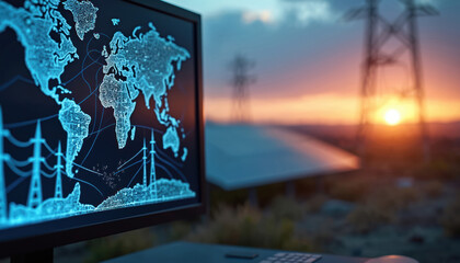 Computer screen displays electrical project map. Cad software engineer project lines above. Electricity towers solar panels sunset background. Clean energy tech innovations.