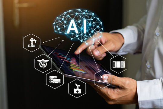 Businessman hand holding tablet displaying global social network icons on digital screen