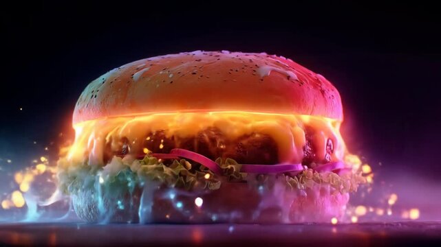 Glowing Burger with Neon Food Art.