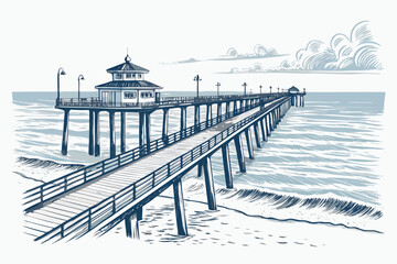 Create a bold, vector illustration of a long beach pier extending into the ocean, featuring thick black strokes and minimal detail.