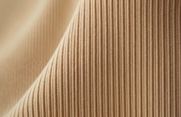 Tan corduroy fabric closeup. Textile material has vertical ridges, creating striped pattern. Soft, textured, ideal apparel design background for fashion, clothing industry.