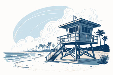 Create a bold, vector illustration of a classic lifeguard tower, featuring strong lines and a vibrant color palette.  Include detailed design elements.