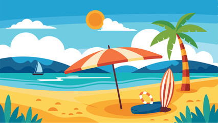 Sunny beach scene with umbrella surfboard and palm tree summer vacation illustration