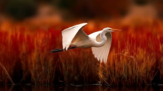 Great Egret in Flight with Autumn Marsh.